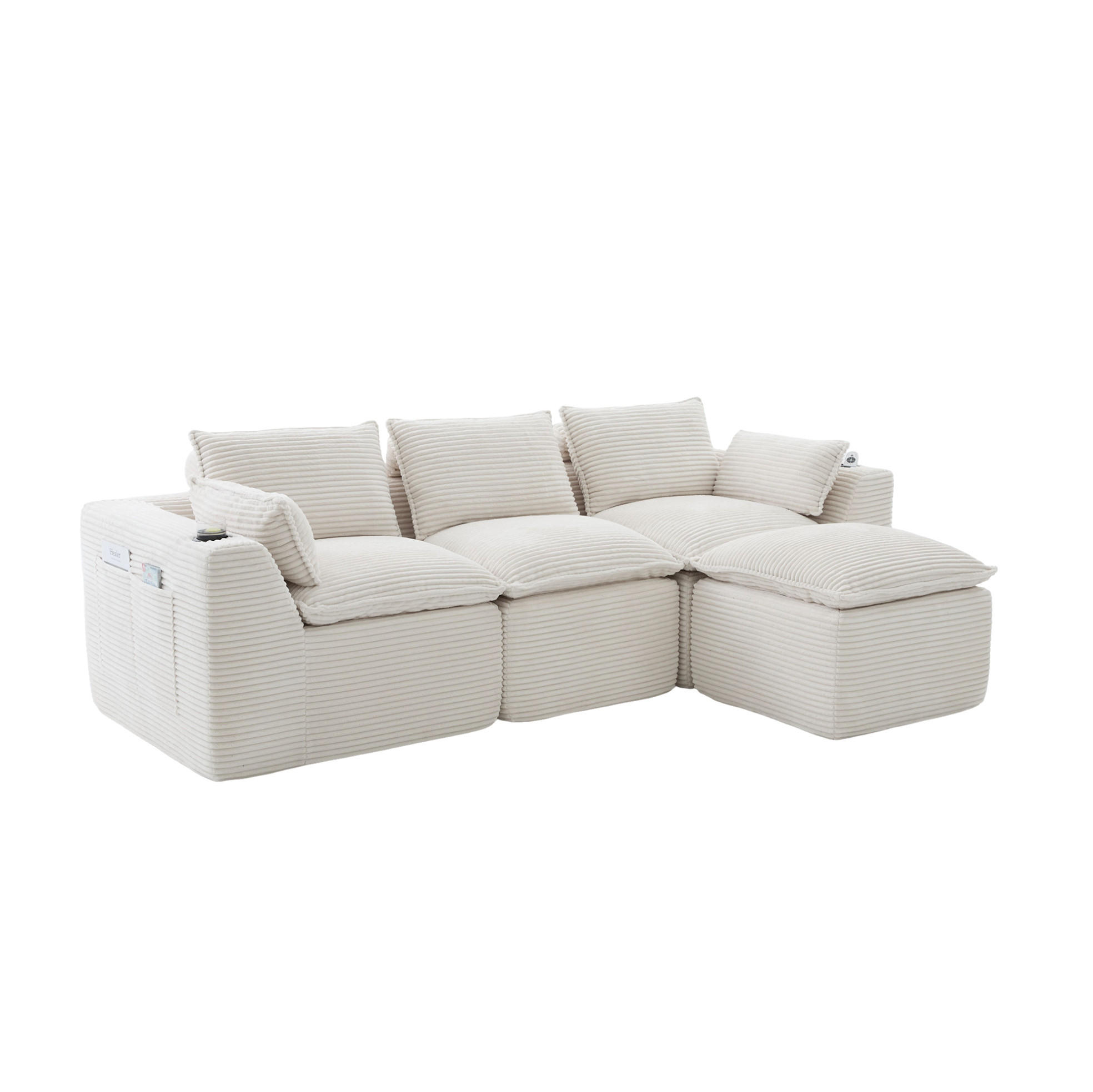 ECKSOFA 256/161/75 cm beige aus Corduroy mit Seitentaschen und Kissen - Beige, Textil (161/256cm) - OKWISH