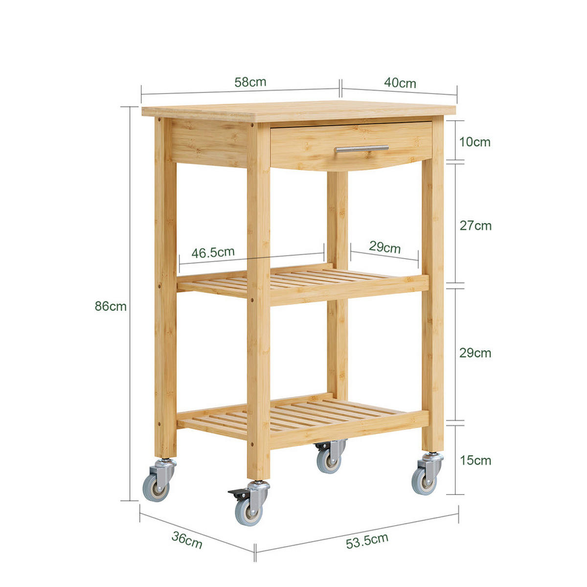 KÜCHENWAGEN mit Schublade und Rollen 58x40x86 cm FKW135-N - Naturfarben, Holz (58/86/40cm) - SoBuy