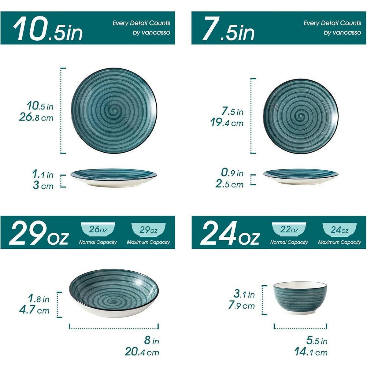 TAFELSERVICE 24-teiliges Set Steingut Vintage Look - Petrol, Keramik (26.8/3/26.8cm)