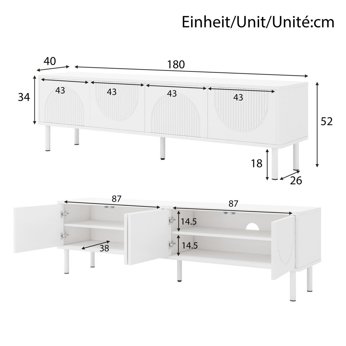 TV-LOWBOARD 180 cm aus MDF, 4 Türen, 3D-Relieffront, Kabelmanagement, Mattweiß - Weiß, Holzwerkstoff (180/52/40cm)