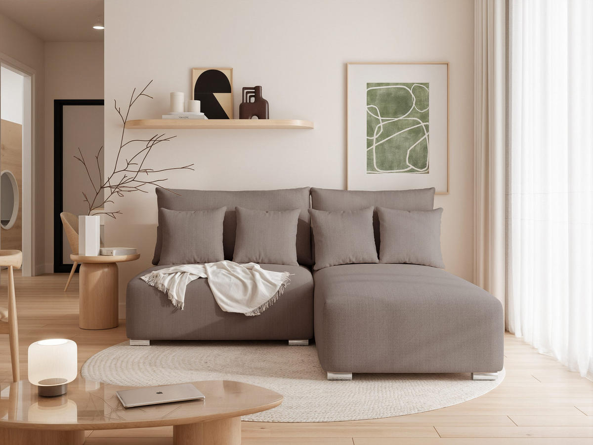 ECKSOFA ELVO mit Schlaffunktion und Bettkasten Dunkelbeige - Taupe, Holzwerkstoff/Kunststoff (208/190cm) - Idohome