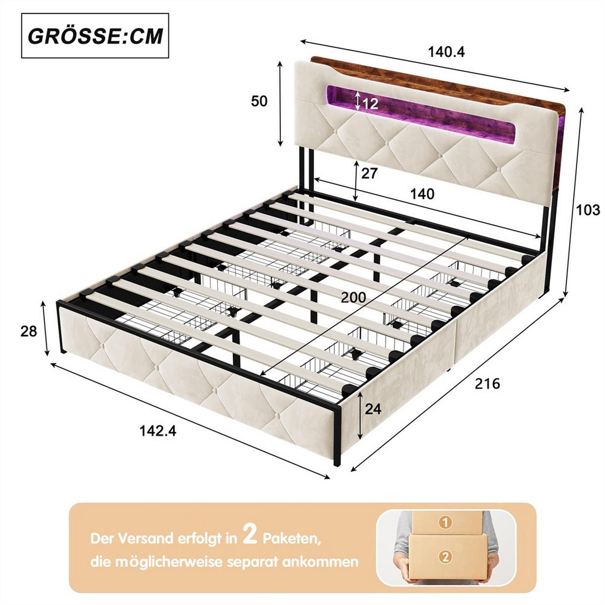 POLSTERBETT 140x200 cm - Doppelbett mit Stauraumkopfteil - 4 Schubladen und LED-Beleuchtung - ohne Matratze - Beige - Beige, Textil (140/200cm) - DELFA
