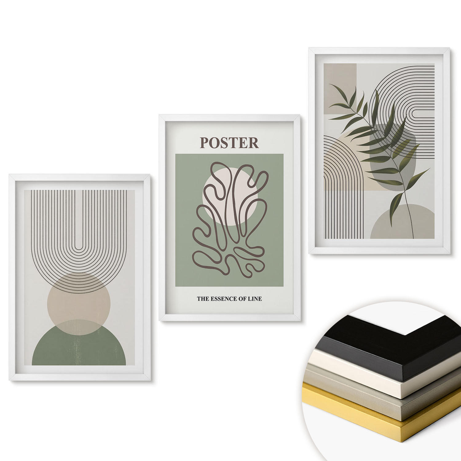 WANDBILDER 3er-Set - 40x60 cm Weißer Rahmen - Geometrische botanische Muster - Weiß, Kunststoff (40/60cm) - ArtPrintCave