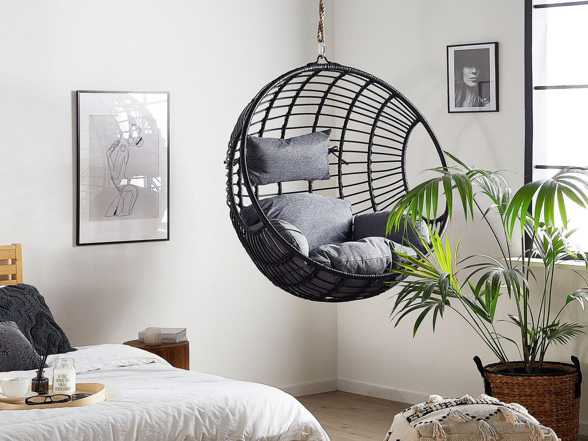 HÄNGESESSEL PE Rattan schwarz/grau mit Sitzkissen 99 cm Aspio - Schwarz/Grau, Kunststoff (99/99/65cm) - Beliani