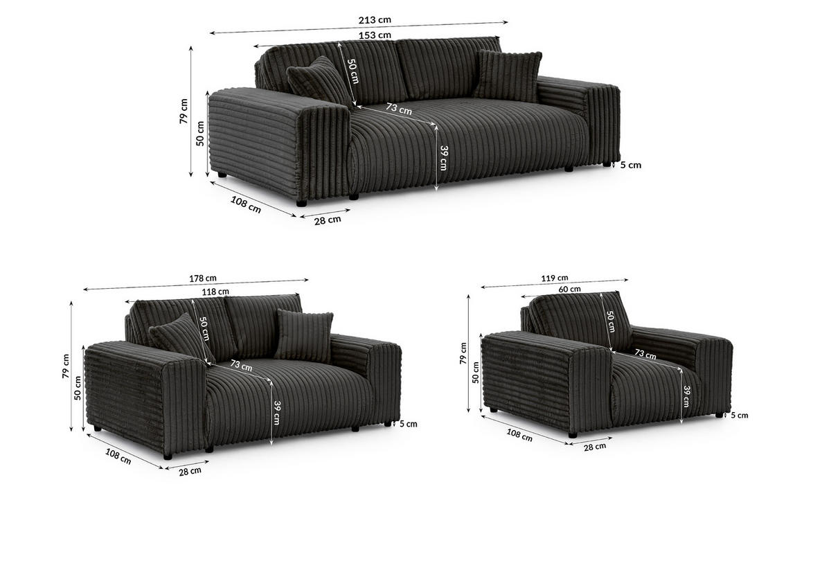 SEDACÍ SOUPRAVA 3+2+1 Mollis v tmavě šedé barvě z plyšového manšestru - černá/tmavě šedá, dřevo/textil (213/79/108cm) - S-Style Möbel