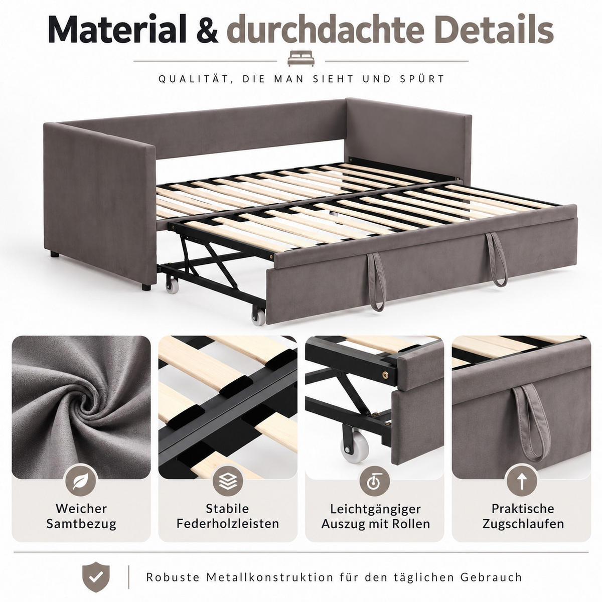 SCHLAFSOFA Samt grau ausziehbar mit Gästebett Funktion 3-fach umwandelbar Tagesbett mit Rollen - Grau, Metall (183/74/213cm) - Joyfair
