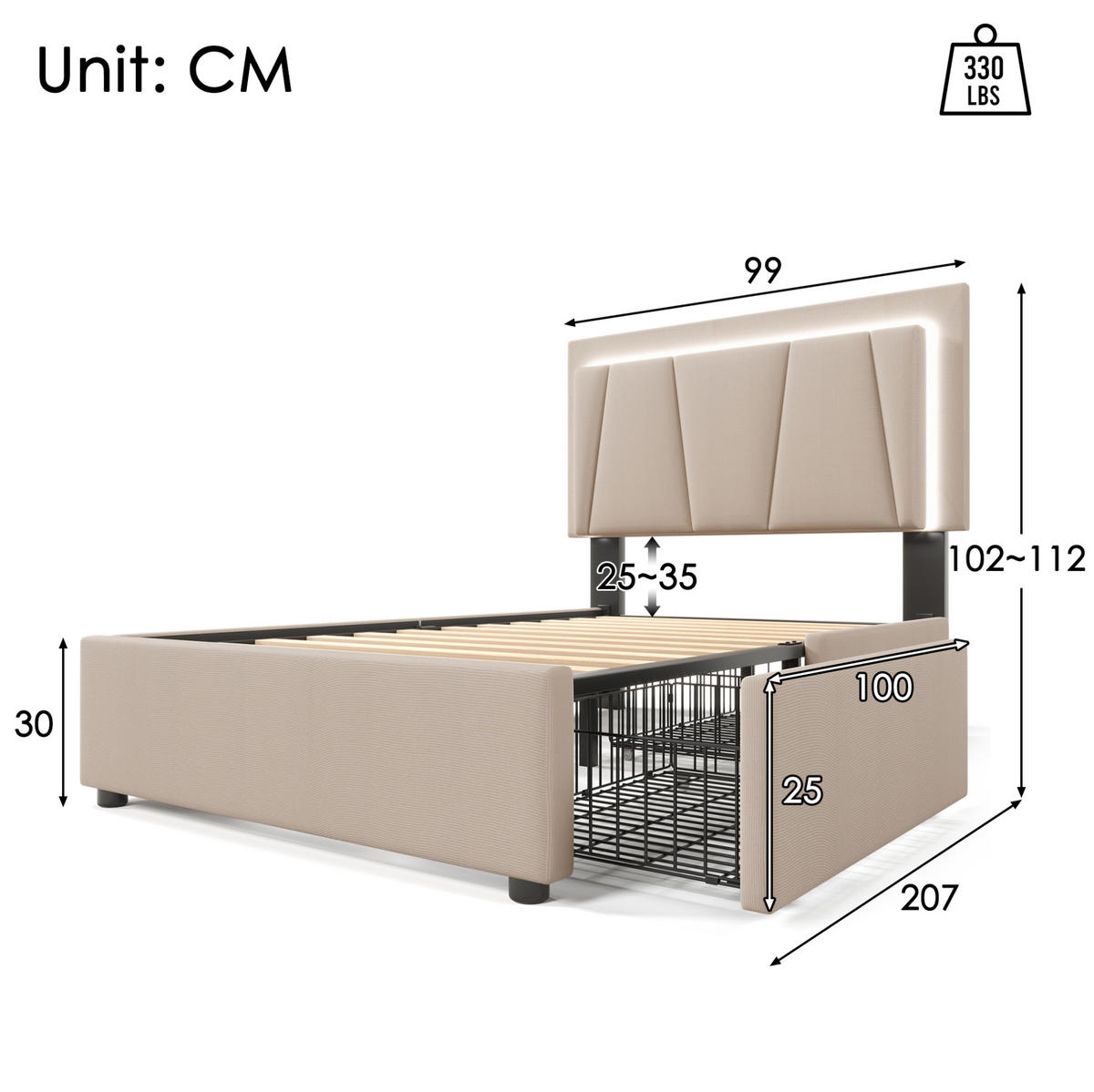 POLSTERBETT 90/200 cm Beige mit LED-Beleuchtung und 2 Schubladen - Beige, Holzwerkstoff (90/200cm) - Flora Grace