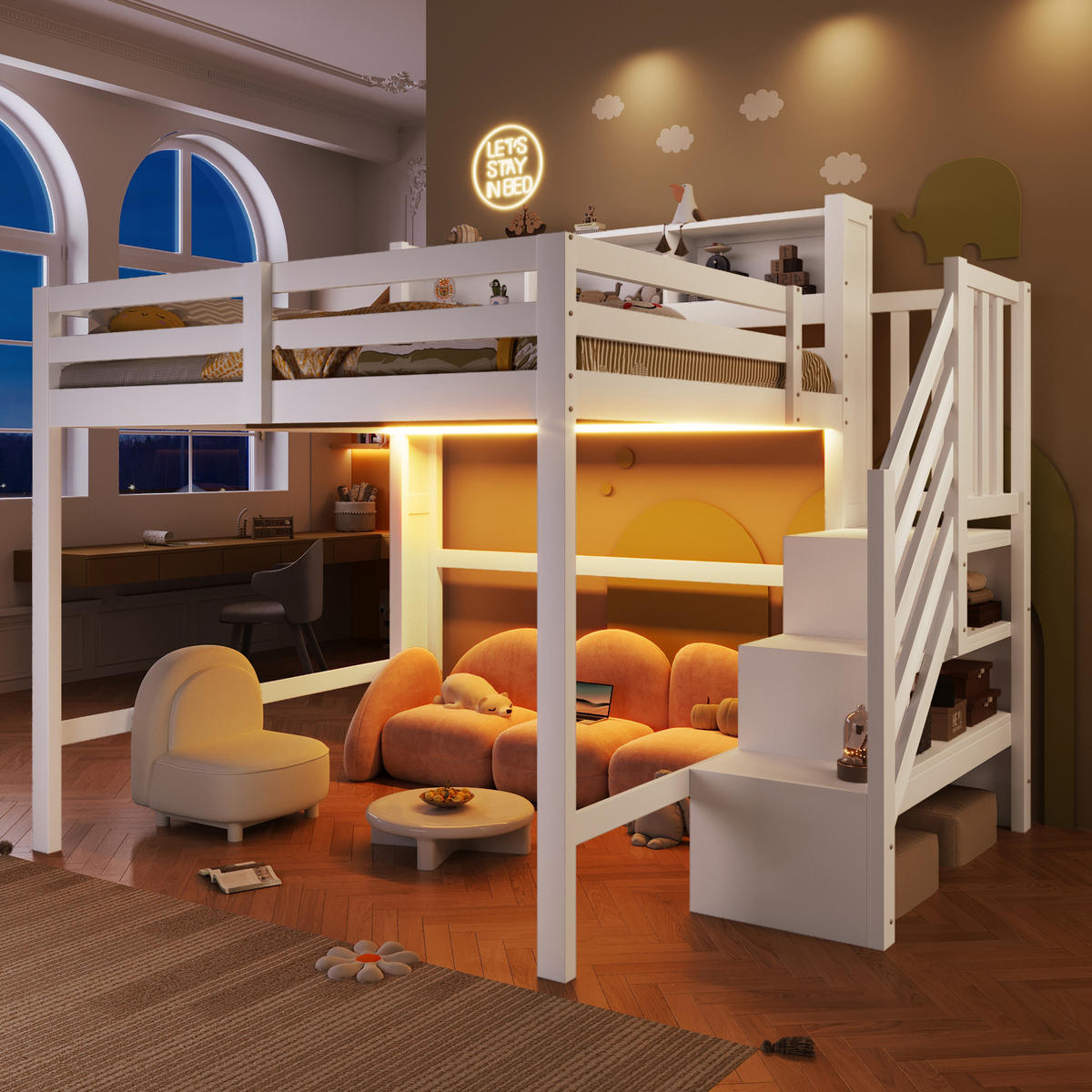 HOCHBETT 140/200 cm DE-33119 mit LED und Stauraumtreppe Weiß - Weiß, Holzwerkstoff (140/200cm) - ComfortXL