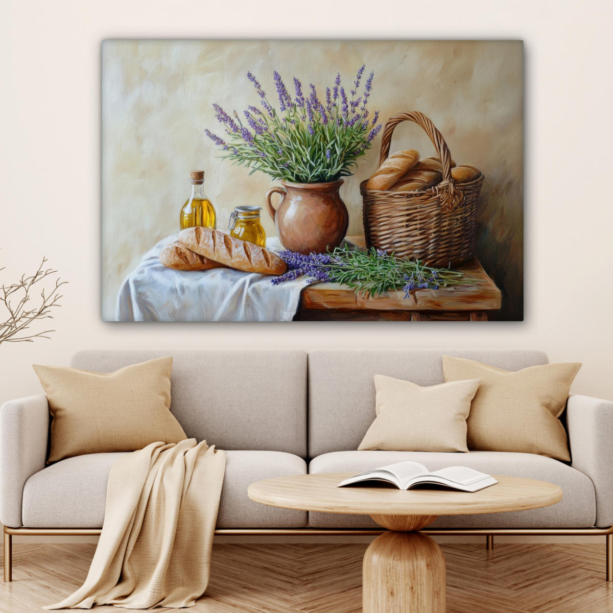 LEINWANDBILD Lavendel - Brot - Stilleben Wohnzimmer 120x80 cm - Flieder, Textil (120/80cm) - MuchoWow