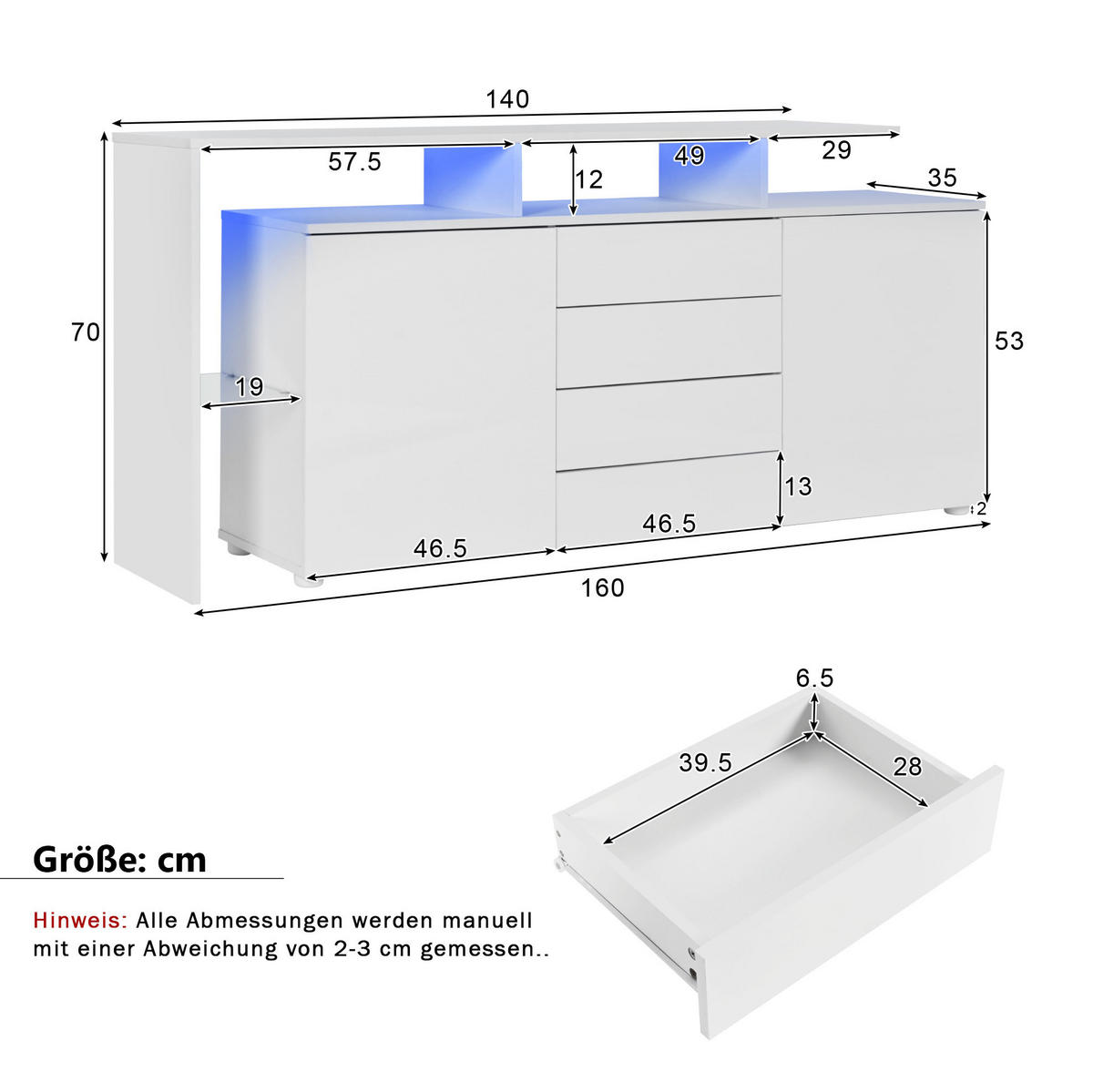SIDEBOARD 160/35/70 cm in Weiß mit LED-Beleuchtung und 4 Schubladen - Weiß, Holzwerkstoff (160/70/35cm) - Flora Grace