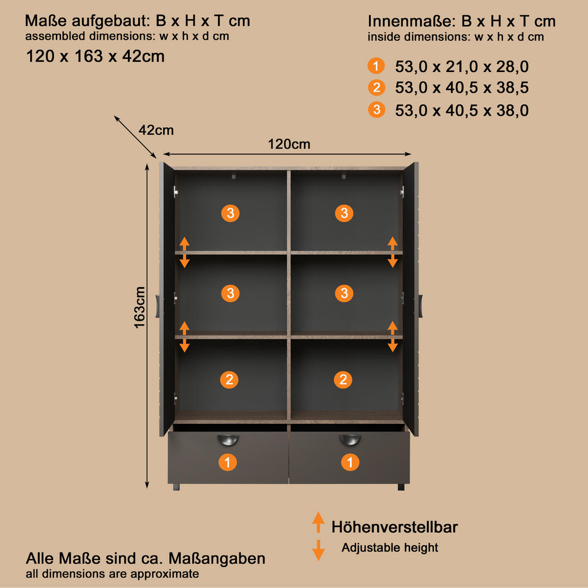 HIGHBOARD Bronze und Rostoptik 120 x 163 cm, Kommode mit Soft-Close - Rostfarben/Schwarz, Holzwerkstoff/Metall (120/163/42cm) - Top.Furn