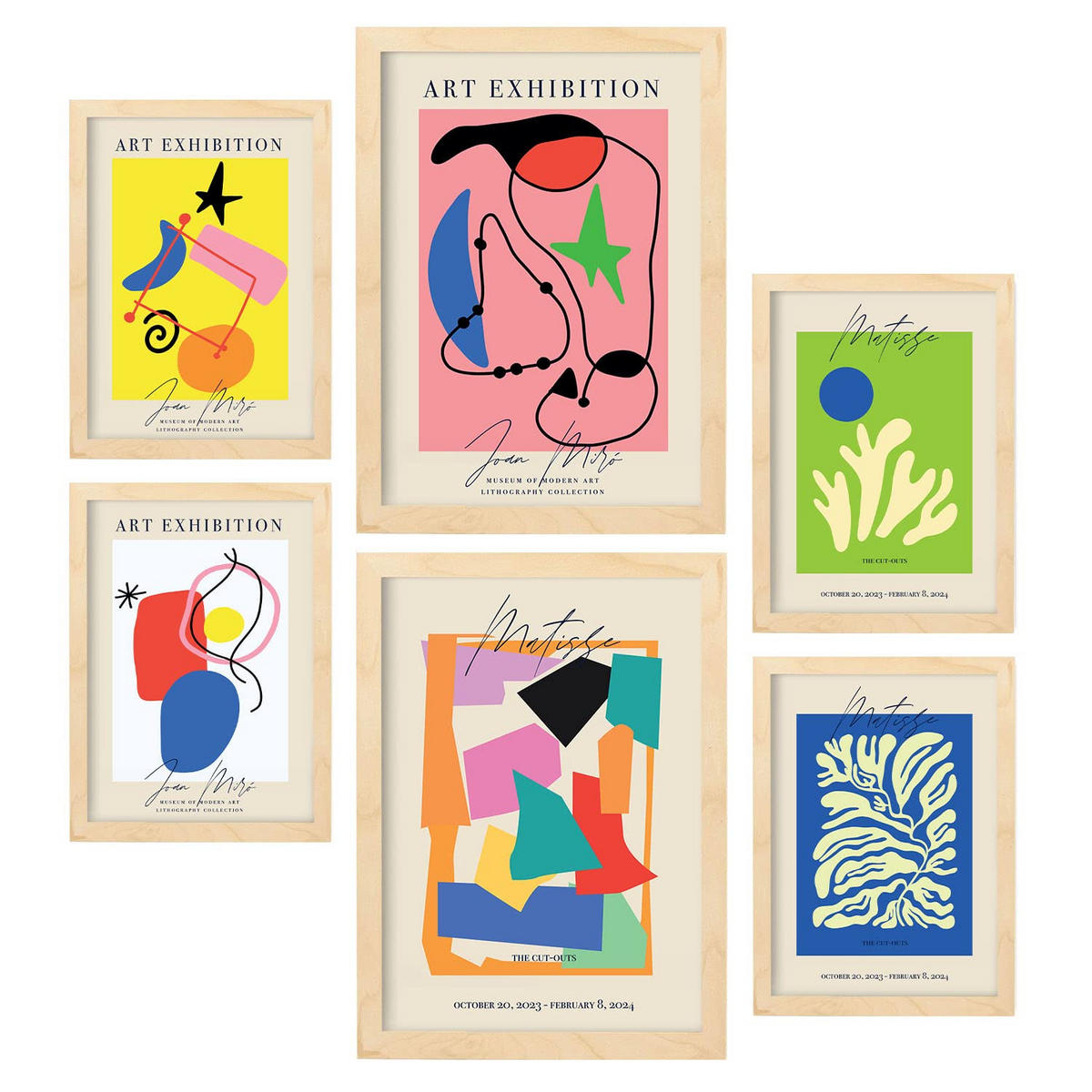 POSTER Set Mit 6 Kunstausstellung Sammlung A3 & A4 Rahmen Aus Hellem Holz - Beige, Papier (29/3cm) - Nacnic