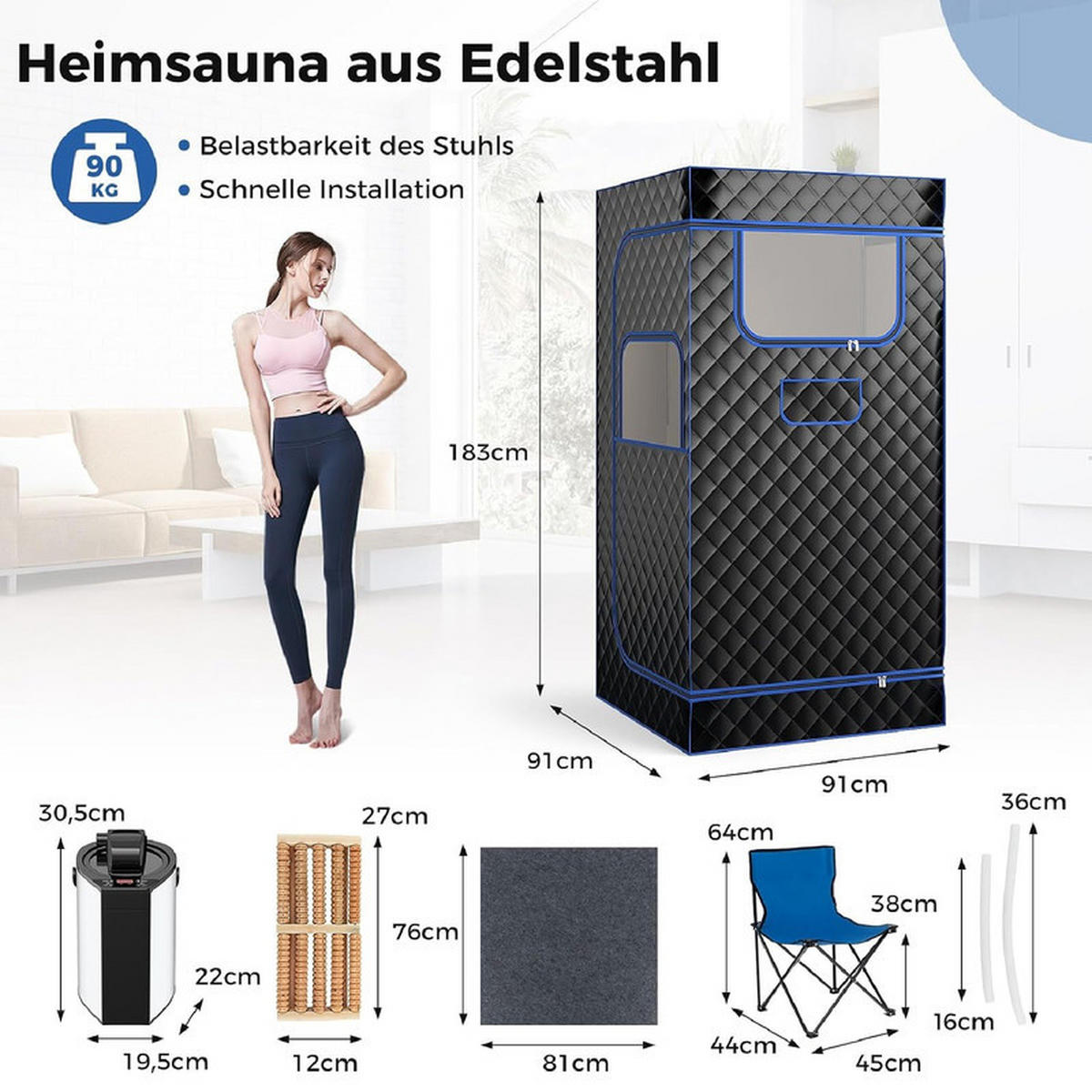 DAMPFSAUNA Tragbare schwarz - Schwarz, Textil (91/183/91cm) - COSTWAY