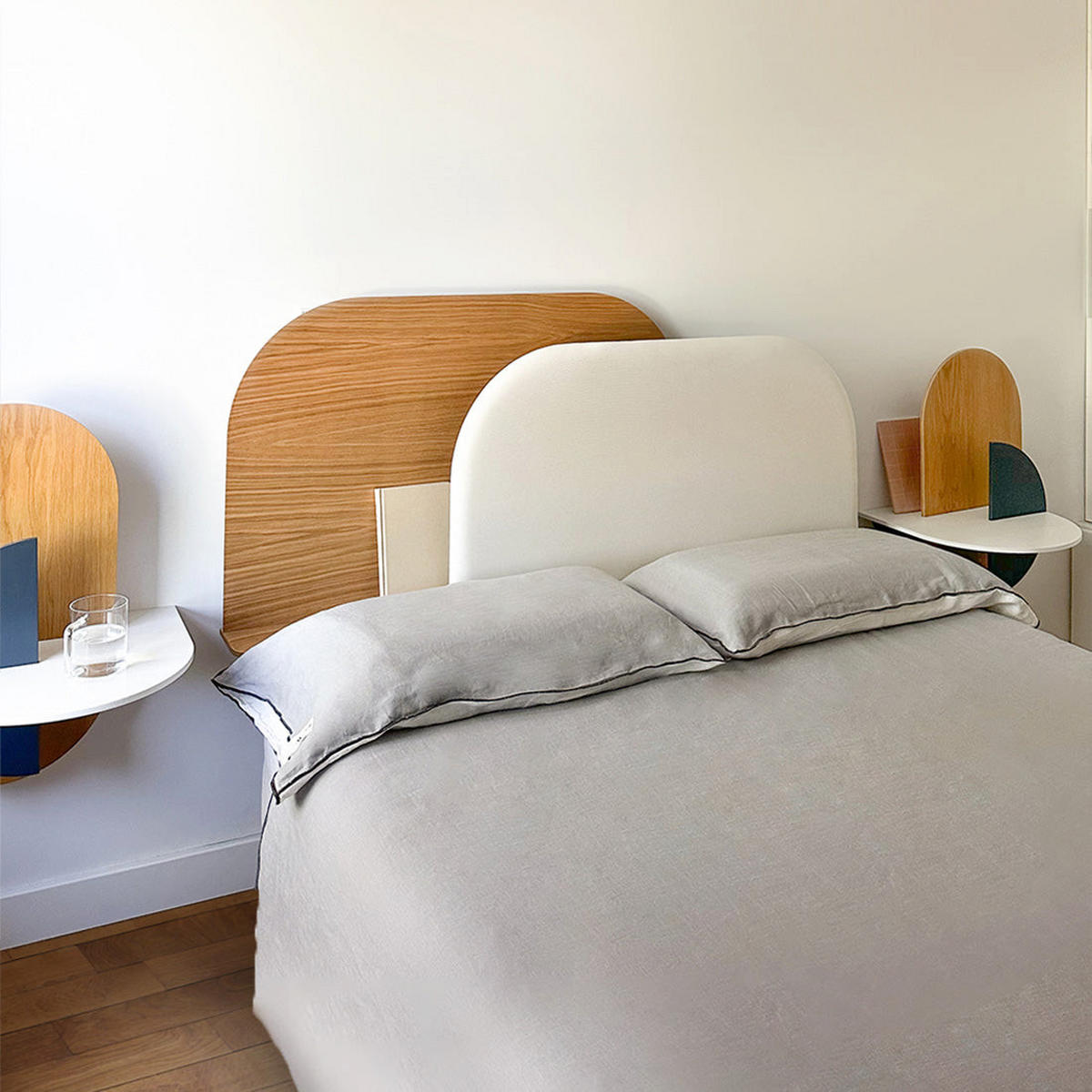 KOPFTEIL Alba mit Licht 140cm - Blau/Eichefarben, Holz/Textil (140/60/14cm) - Woodendot