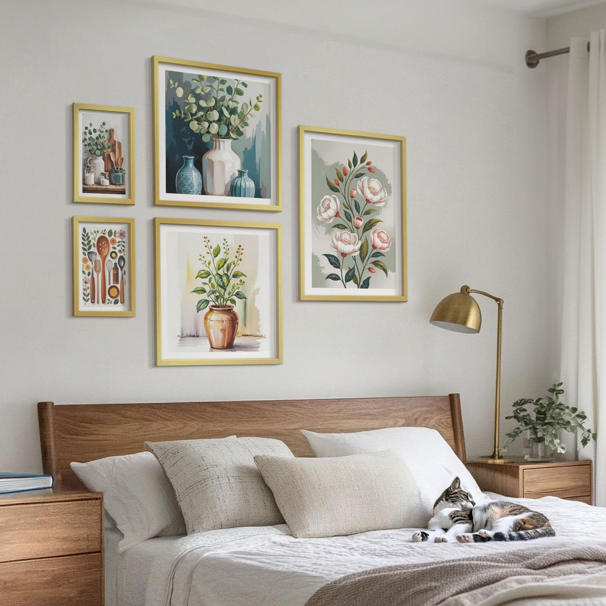 WANDBILDER 5er Set - 50x50 cm & 20x30 cm & 40x60 cm Goldrahmen - Blumen und Früchte in Vasen - Goldfarben, Kunststoff (40/60cm) - ArtPrintCave