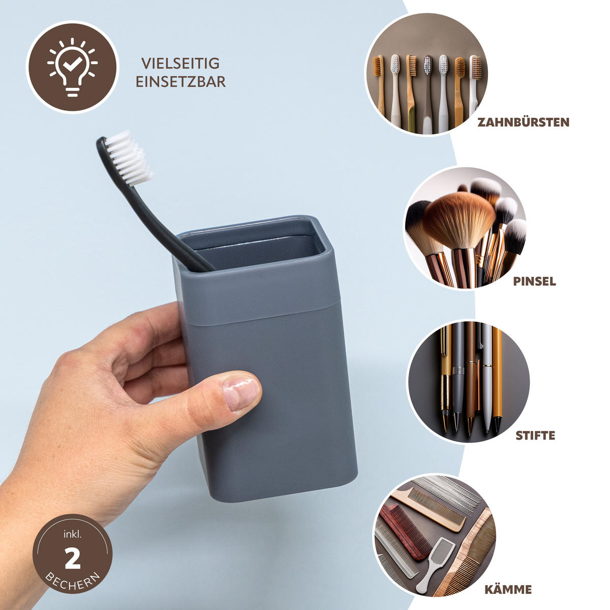 BADEZIMMER-SET SAVONA, Soft-Touch, grau, eckig - Grau, Kunststoff (7/16/9cm) - bremermann