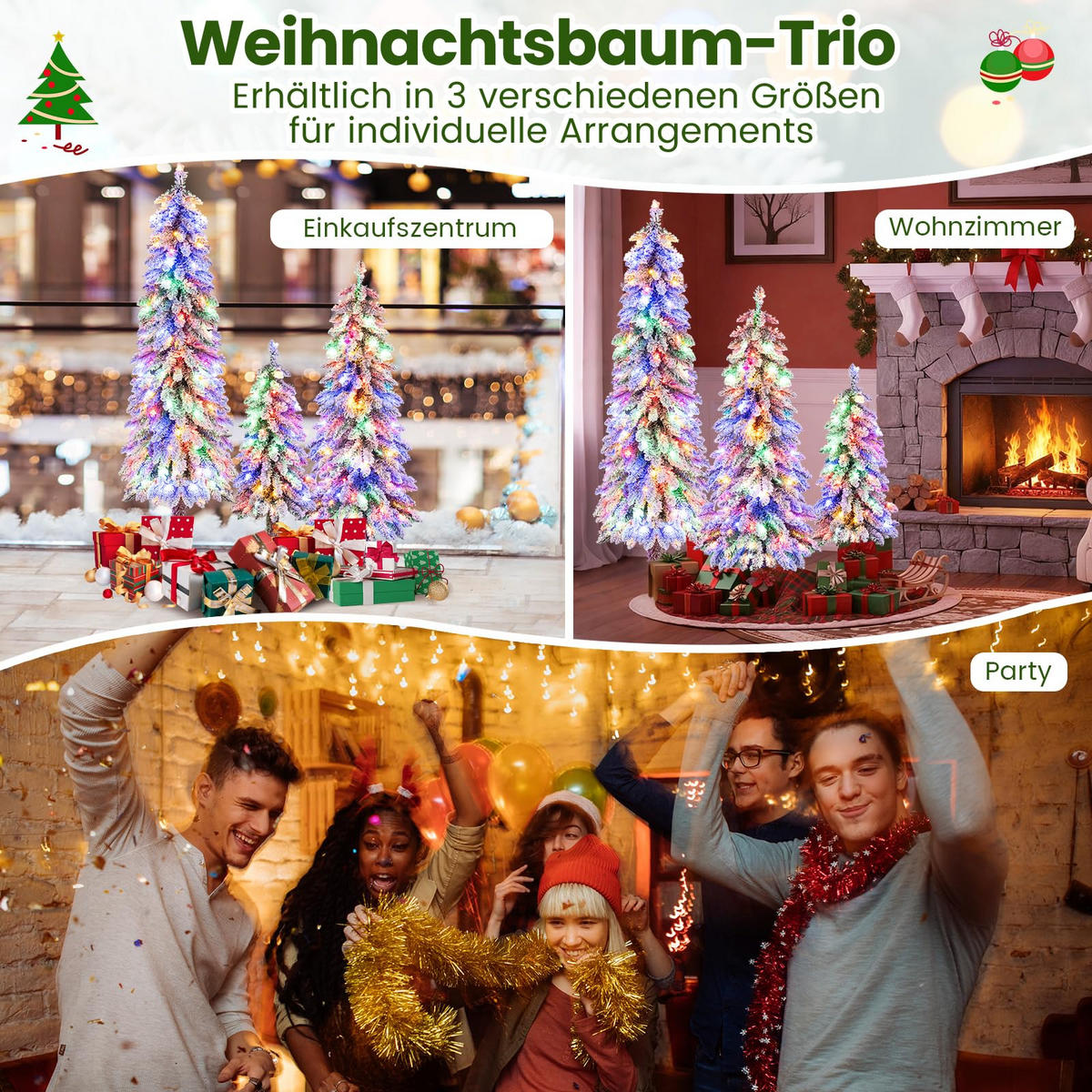 WEIHNACHTSBAUM Tannenform mit Beleuchtung und Schnee 90/120/150 cm weiß(3-tlg) - Weiß, Metall (150cm) - COSTWAY