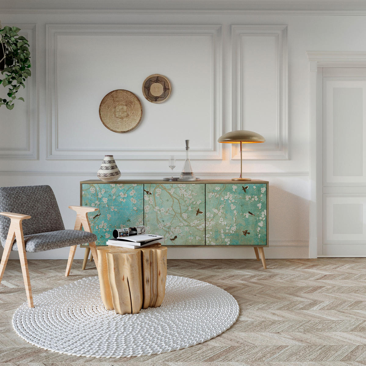 SIDEBOARD BLOOMING CHARM, Eicheneffekt, 164,5x42x77,5 cm, 3 Türen - Eichefarben/Buchefarben, Holzwerkstoff/Buchenholz (164.5/77.5/42cm) - SpaceRebels