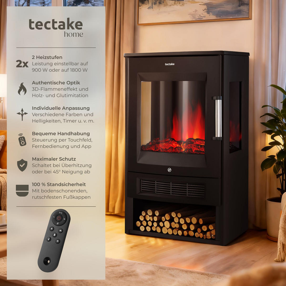 ELEKTROKAMIN Aidan, mit Fernbedienung und App-Steuerung, schwarz - Schwarz, Metall (44/75/36cm) - tectake