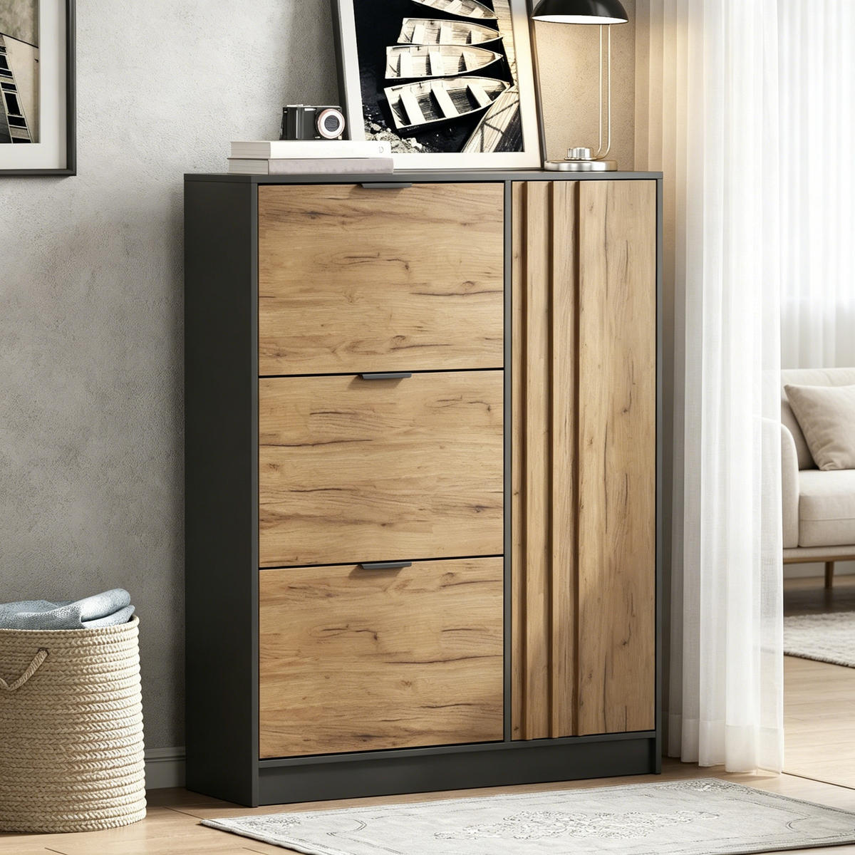 SCHUHSCHRANK Standschrank mit Klappfächern und Einlegeböden, geschlossenem Fach, MDF kompakt Stauraum Natur - Naturfarben, Holzwerkstoff (100/130/30cm) - EVRYAE