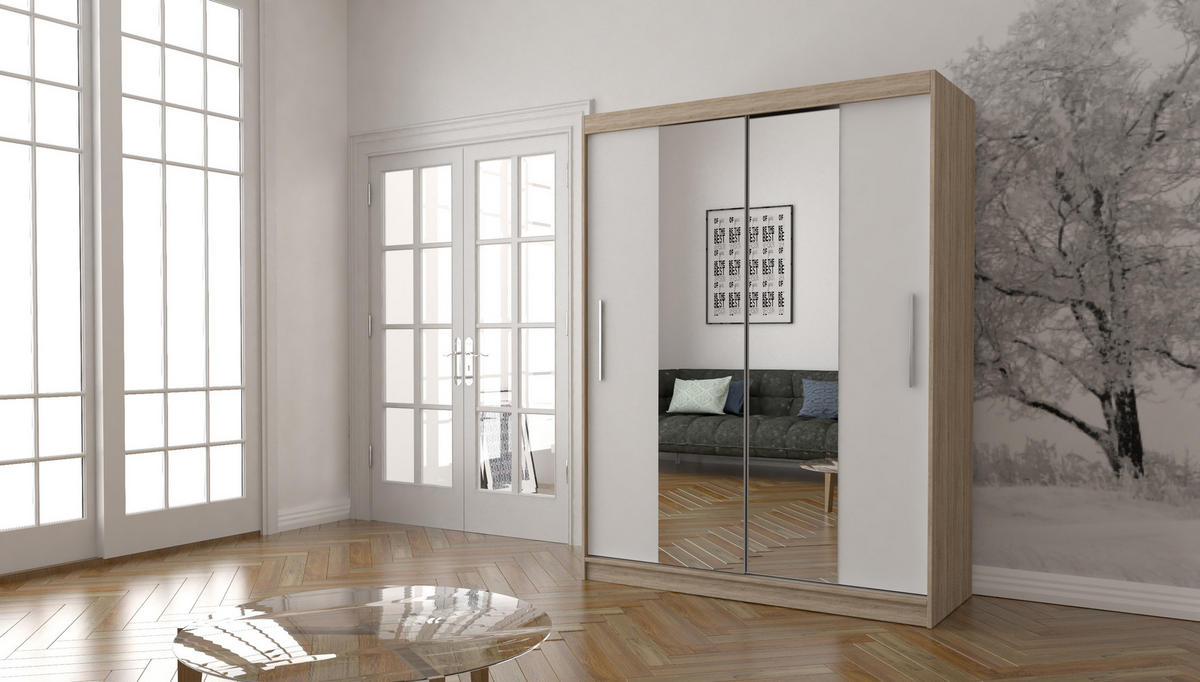 SCHWEBETÜRENSCHRANK Vista 01 Sonoma Eiche/Weiß mit Spiegel, mit LED- Beleuchtung 150cm - Alufarben/Weiß, Glas/Holzwerkstoff (150/200/61cm) - imoebel24