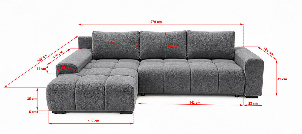 ECKSOFA Ovia mit Bettkasten und Schlaffunktion, Bouclé-Stoff in L-Form - Dunkelgrau, Textil (270/185cm)
