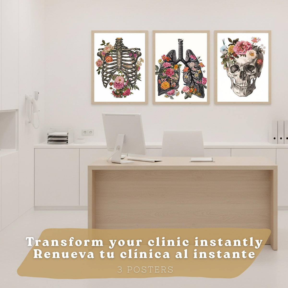 POSTER Set aus 3 Anatomie Mensch Drucke und mit Lungen Luftröhre Bronchien Rippen Wirbelsäule und Schädel Modernes Florales Leichter Holzrahmen A3 - Beige, Papier (29.7/42/3cm) - Nacnic