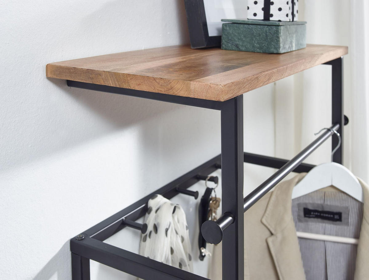 WANDGARDEROBE Massivholz Metall Modern mit 10 Haken, Kleiderstange und Ablage - Schwarz, Holz/Metall (60/76/26cm) - KADIMA DESIGN