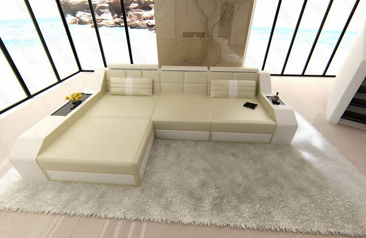 COUCH Arezzo L Beige Weiß Echtleder - Beige, Leder (308/194cm)