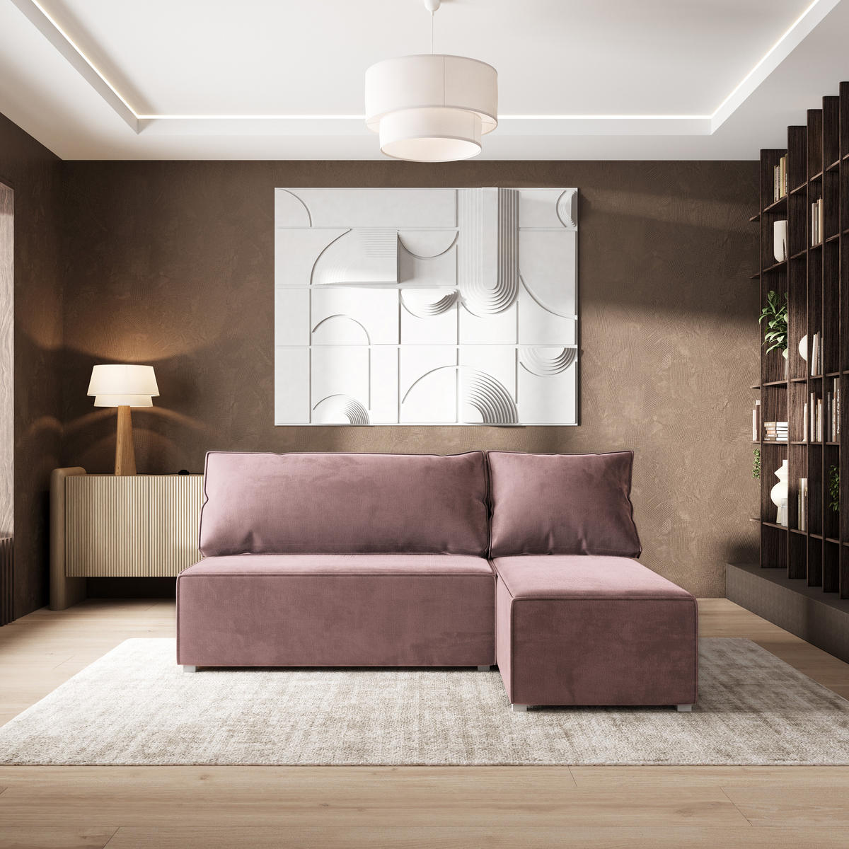 ECKSOFA BRISO M Lila Velours-Stoff mit Schlaffunktion - Lila/Grau, Holz/Kunststoff (200/140cm) - MASSENO