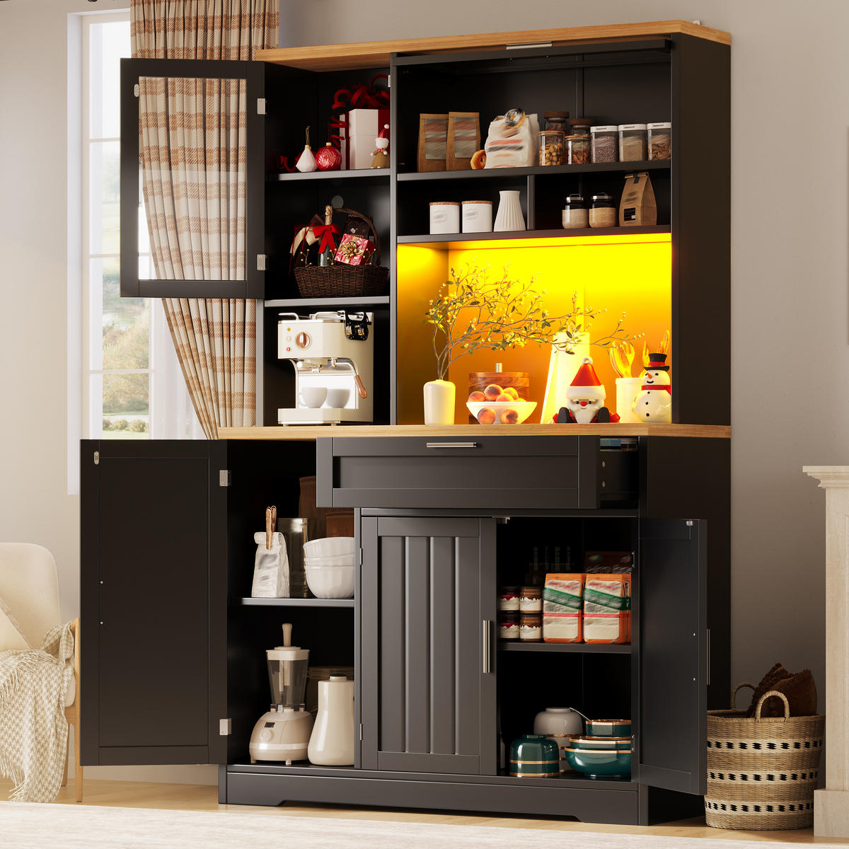 KÜCHENSCHRANK LED 104x40x180Cm Vitrine Weiß Schwarz - Schwarz, Metall (104/180/40cm) - FLIEKS