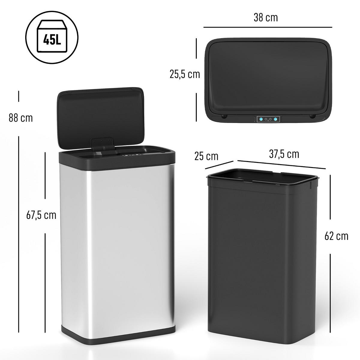MÜLLEIMER SENSOR 45L 38/25,5/67,5 cm Edelstahl Silber Soft-Close - Silberfarben, Metall (25.5/67.5/38cm) - Rolipo