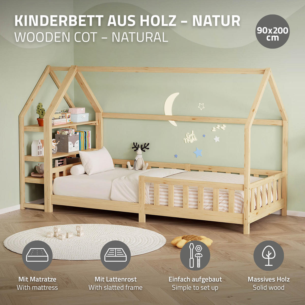 DĚTSKÁ POSTEL 90x200 cm s matrací a policí z přírodního borového dřeva - přírodní, dřevo (90/200cm) - ML-DESIGN
