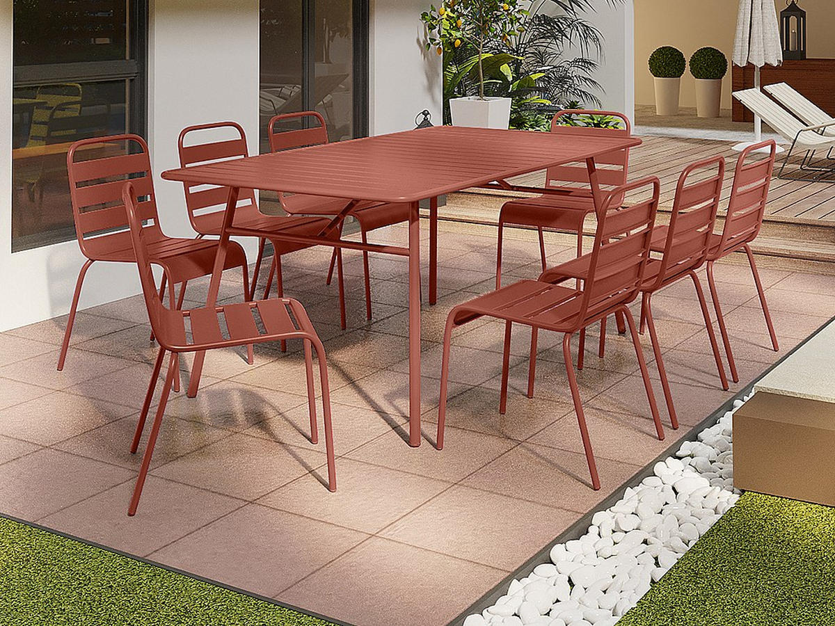 GARTEN-ESSGRUPPE: Tisch L. 200 cm + 8 stapelbare Stühle - Metall - Terracotta - MIRMANDE von MYLIA - Braun, Metall - Vente-Unique