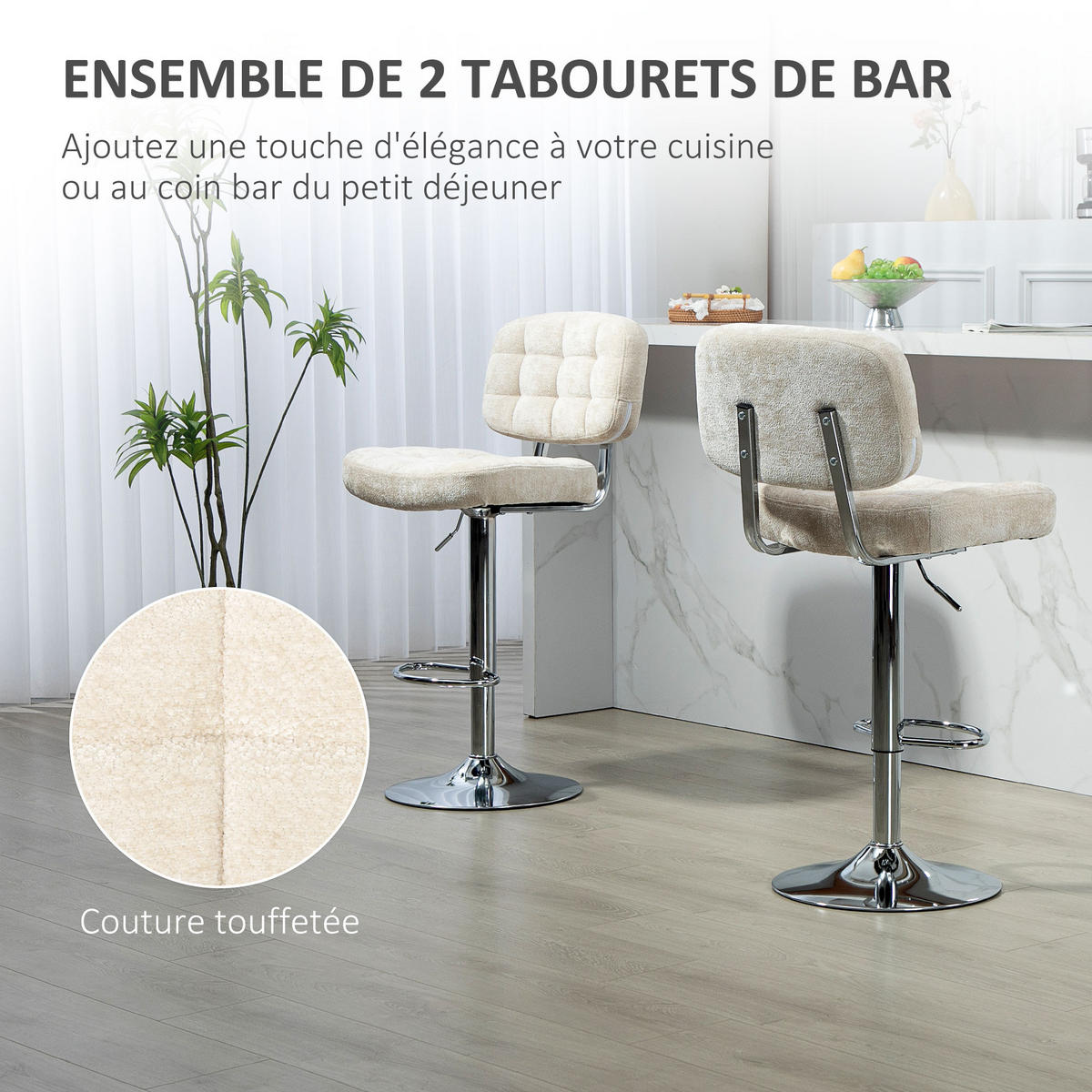 BARHOCKER 2er-Set DE-14756 höhenverstellbar mit Boucle-Stoff & Fußstütze Beige - Beige, Metall (45/115/51cm) - ComfortXL