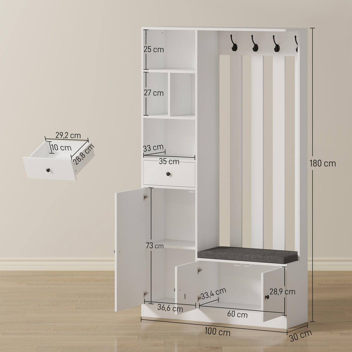 GARDEROBENSCHRANK mit Sitzbank Schuhschrank 4 Haken Weiß - Weiß/Grau, Holzwerkstoff (30/180/100cm) - HOMCOM