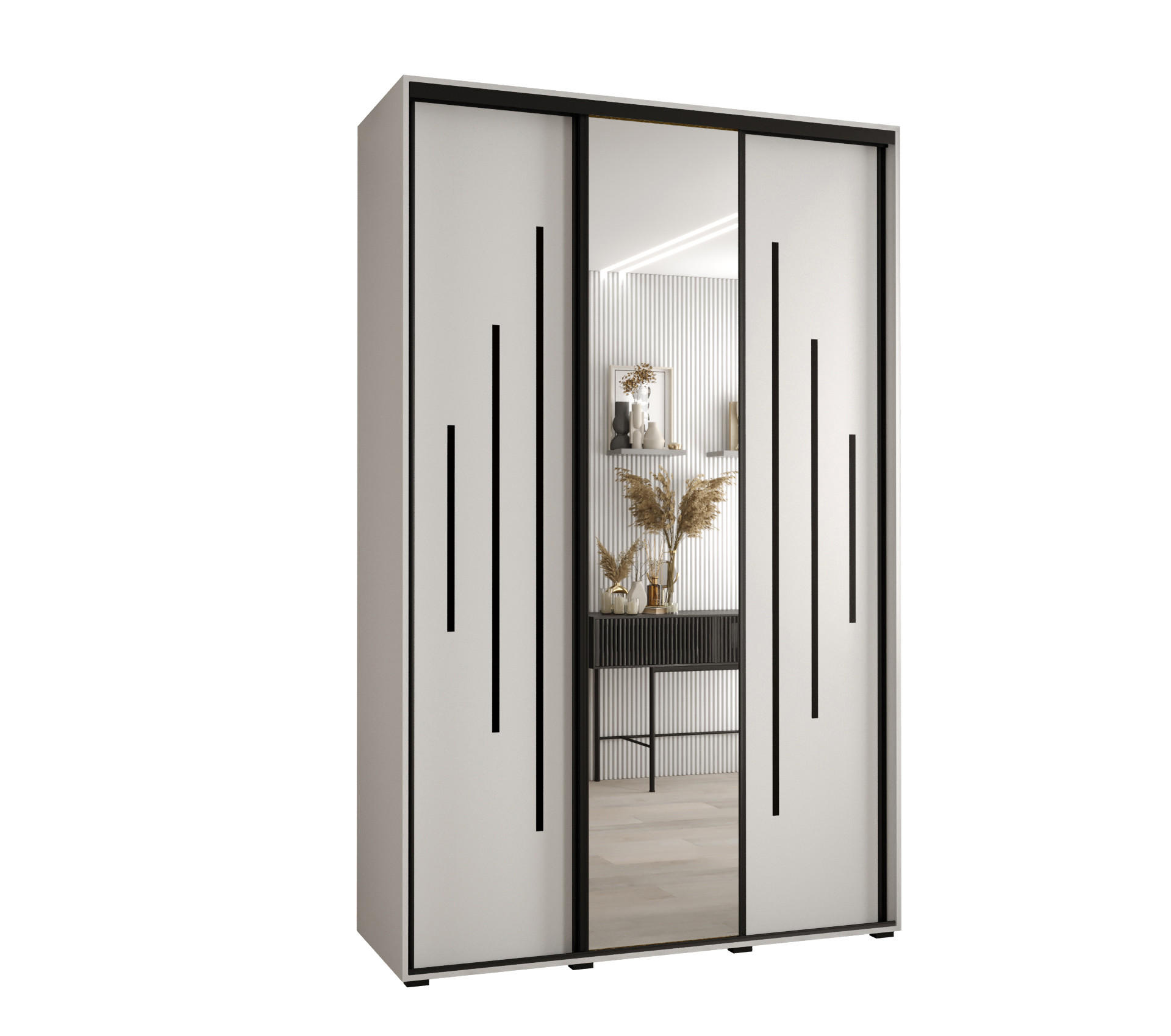 Abiks Möbel Schwebetürenschrank Weiß, Weiß, Schwarz 160x235x45 cm