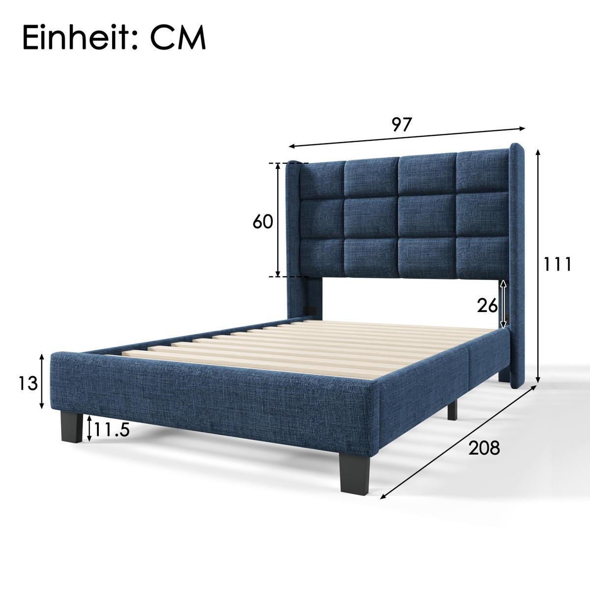 BETT mit Lattenrost 90x200 cm Leinen Blau - Blau, Metall (90/200cm) - Meubliv