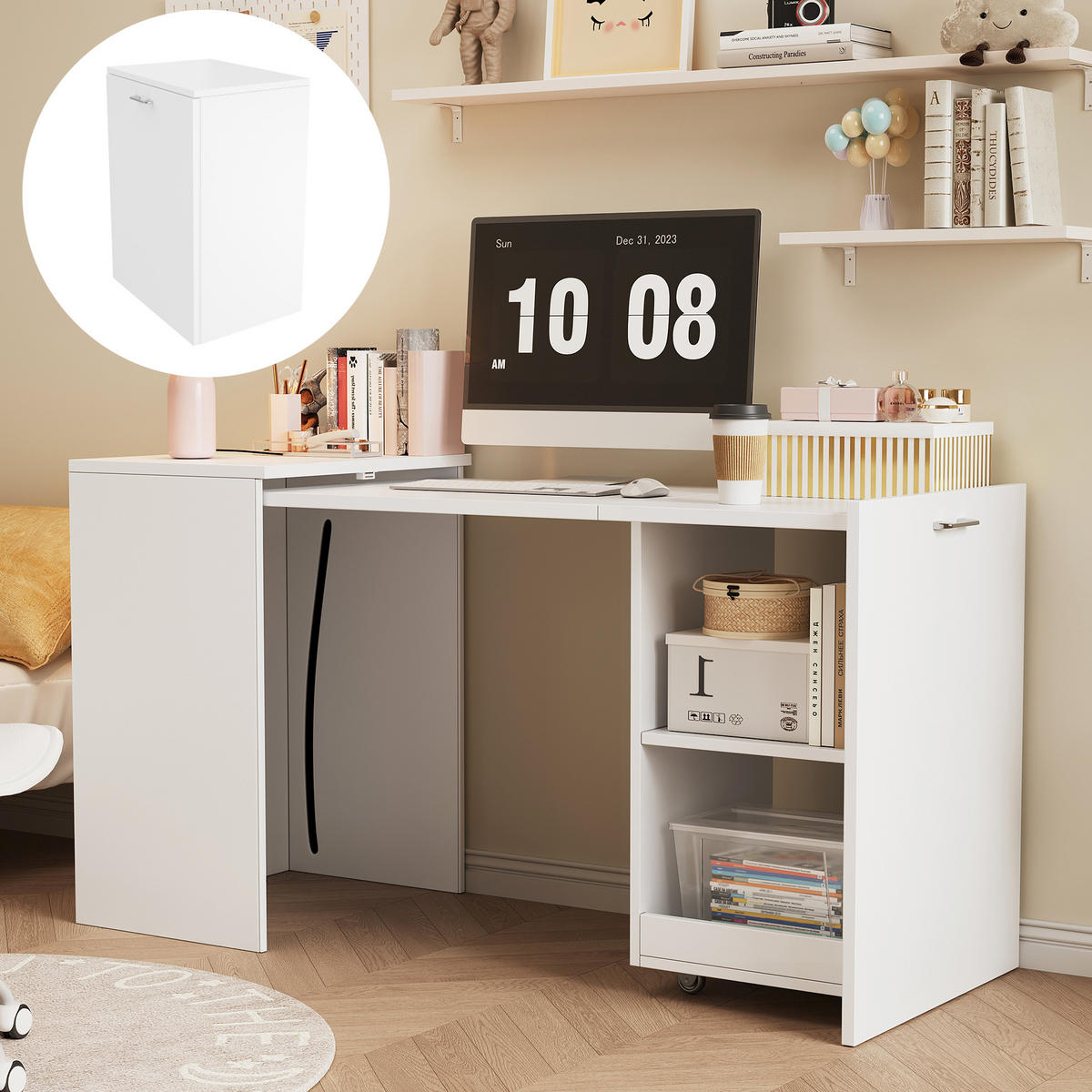 SCHREIBTISCH Weiß 126/55/75 cm klappbar mit Rollen und offenen Fächern - Weiß, Holzwerkstoff (126/55/75cm) - PANGIVO
