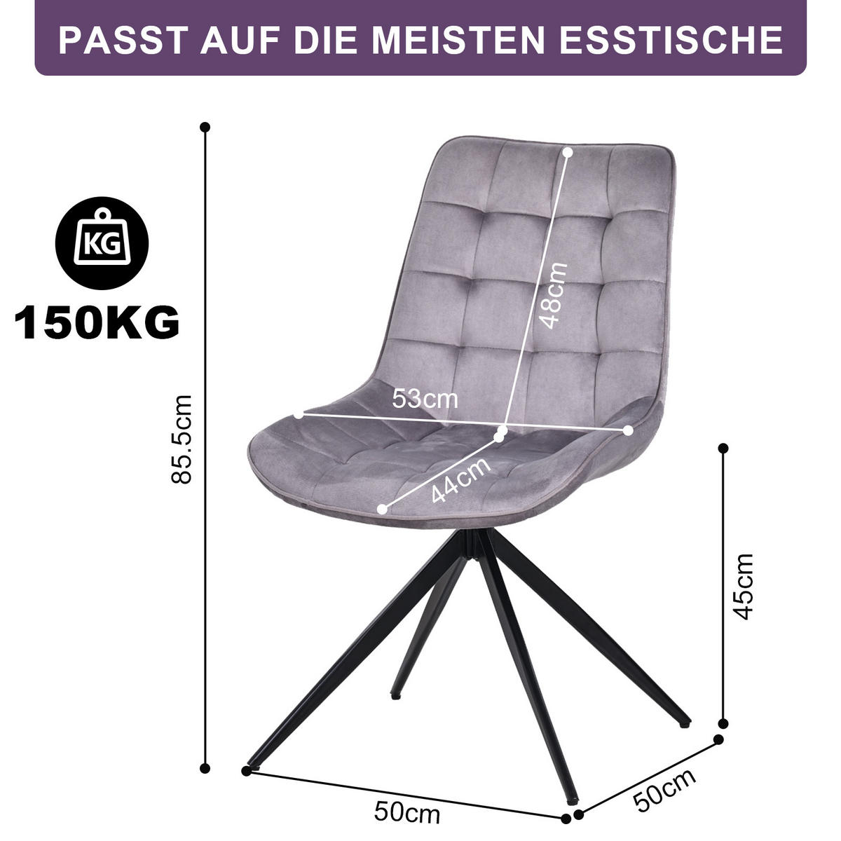 ESSZIMMERSTUHL-SET 2 Stück mit Drehfunktion aus Samt(YZ4) - Grau, Textil (53/85.5/62cm) - HOMAVO