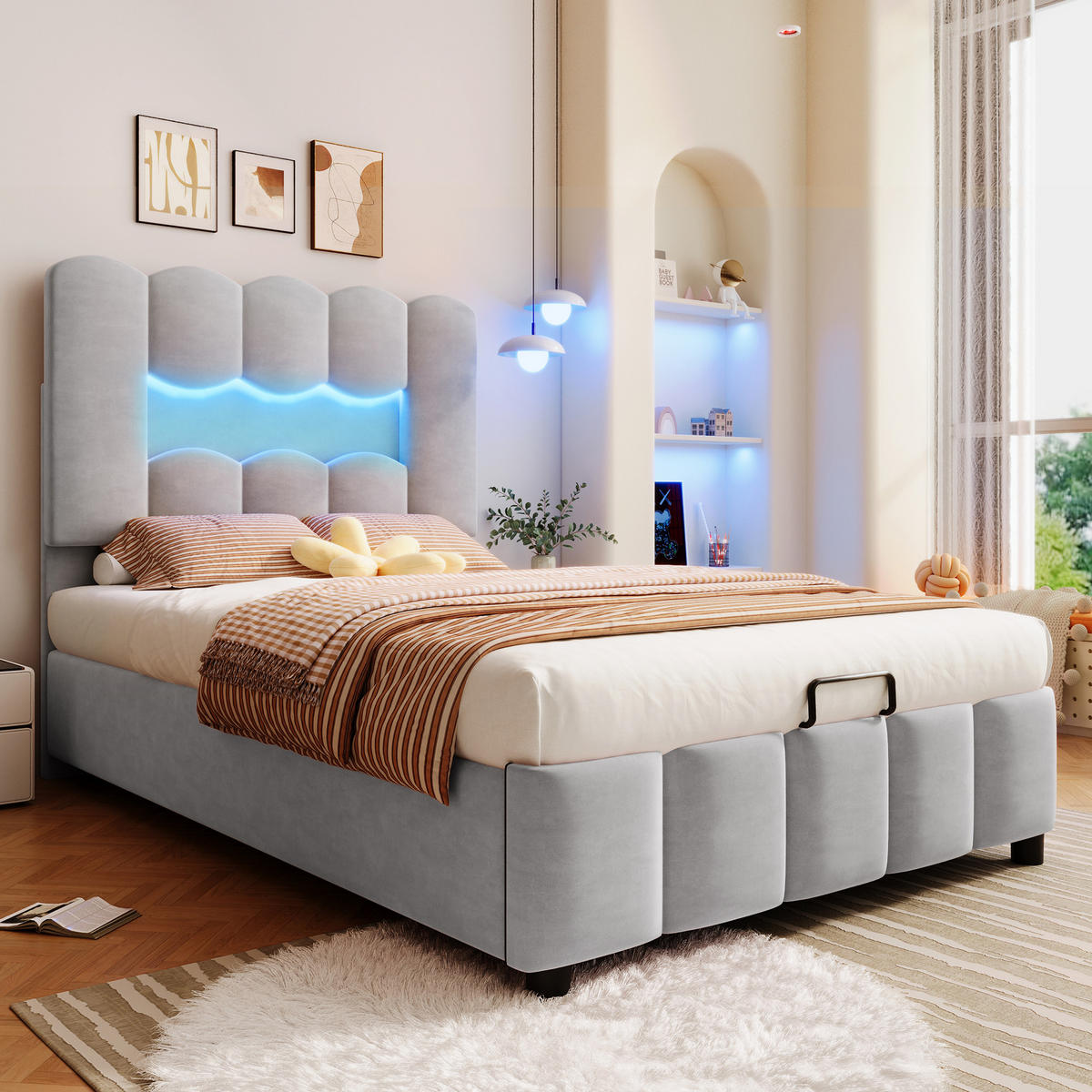 POLSTERBETT 90x200cm Grau Samt LED-Licht Hydraulik Kopfteil - Grau, Holz (90/200cm) - FLIEKS