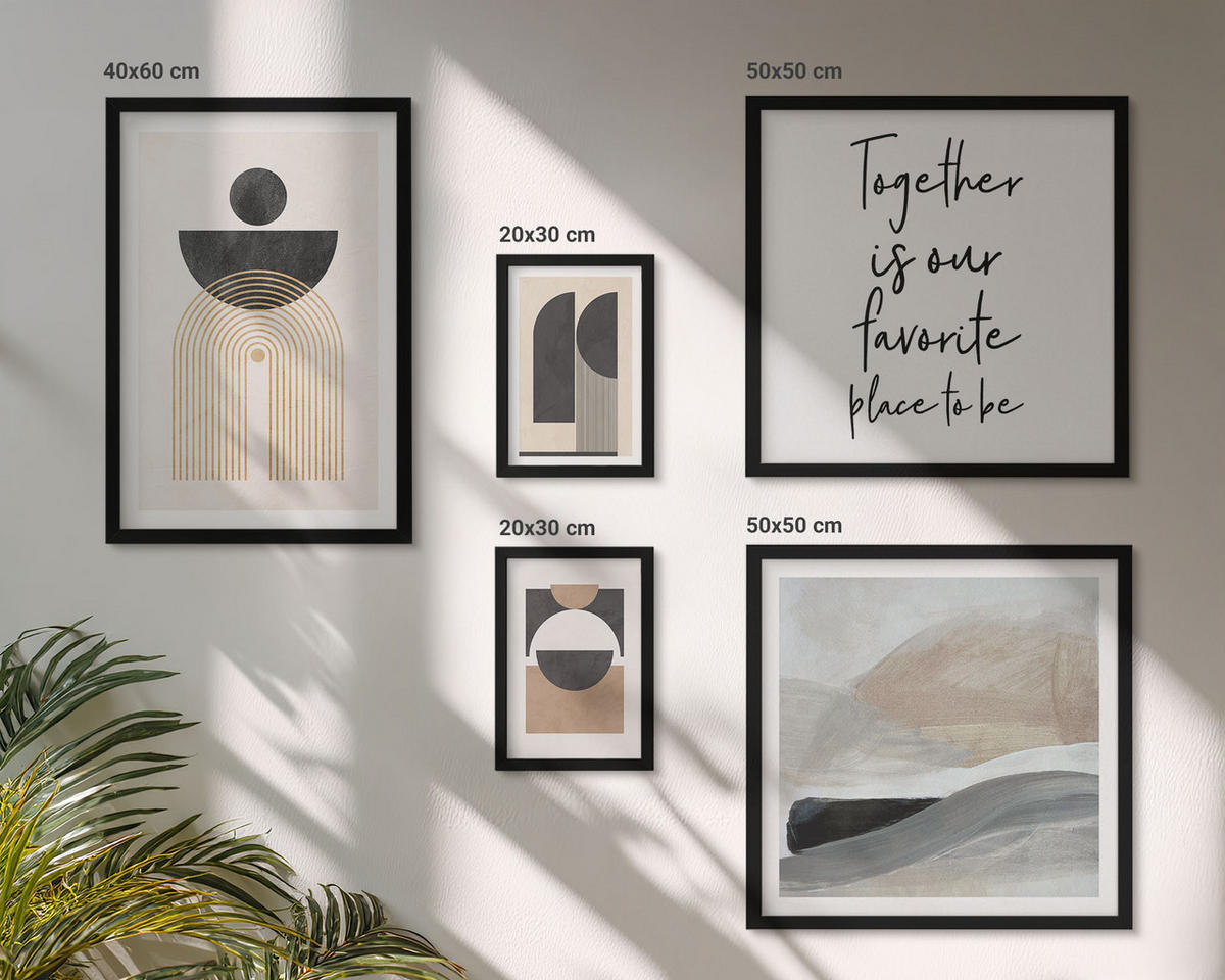 BILDER SET 5er Set - 50x50 cm & 20x30 cm & 40x60 cm Schwarzer Rahmen - Abstrakte Formen beige braun - Schwarz, Kunststoff (40/60cm) - TULUP