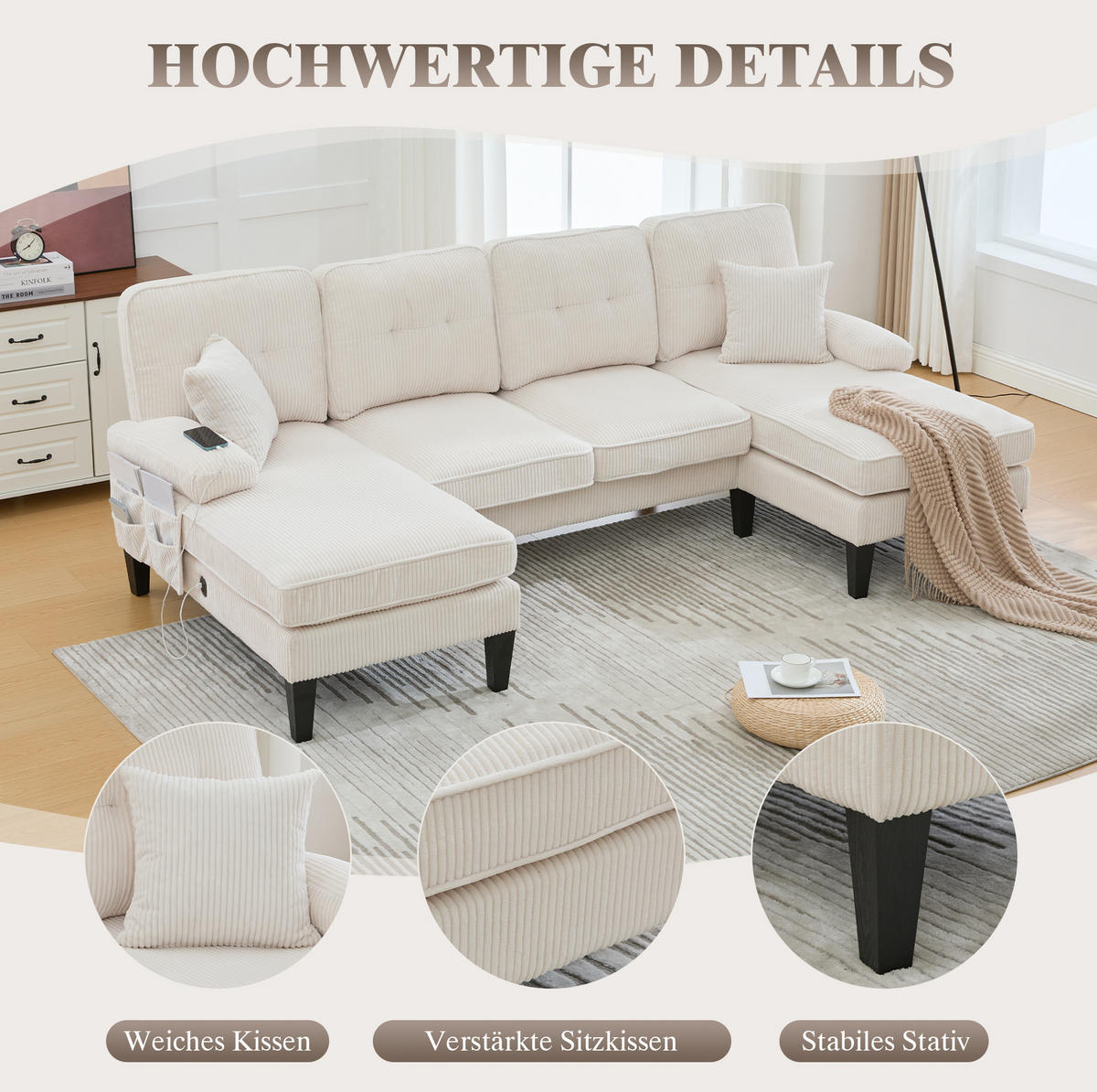 WOHNLANDSCHAFT aus Cord 250x130x88 cm in Beige mit USB/Type-C & Seitentaschen - Beige, Textil (130/88/250cm) - Modfu