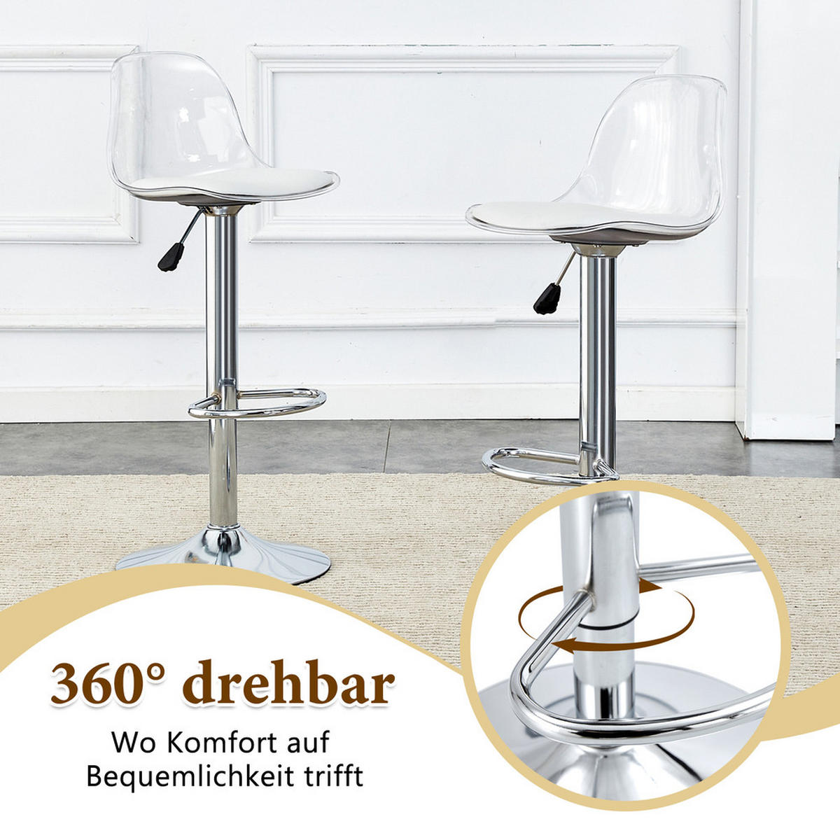 TISCHGRUPPE 3-tlg Glastisch 89 cm mit 2 Hocker Silber Höhenverstellbar - Silberfarben, Glas/Metall (49.5/50/51cm) - Raelunyi