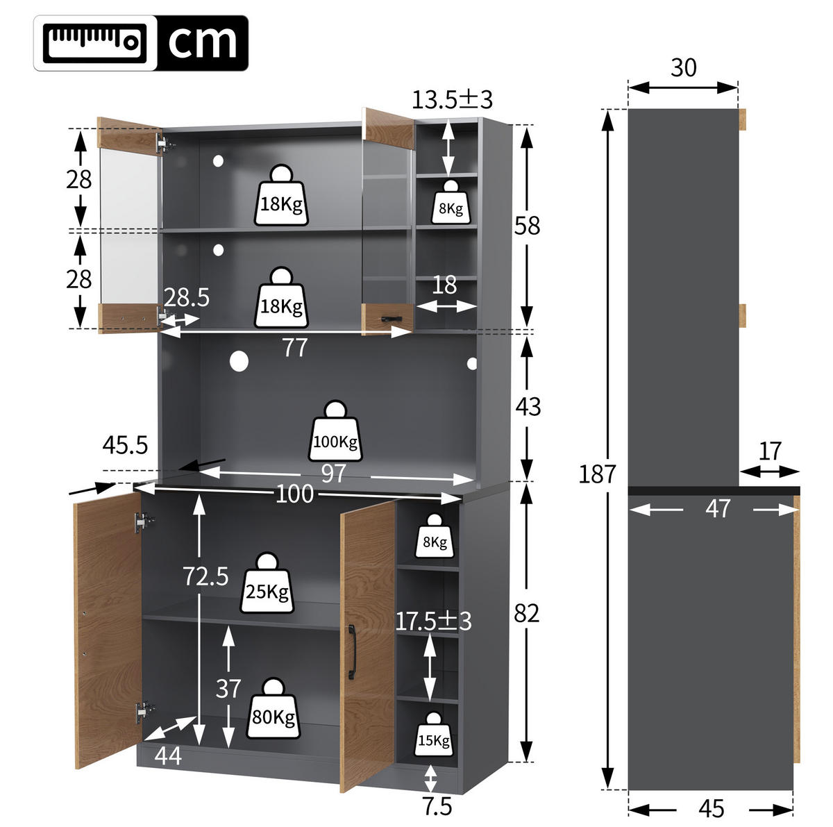 BUFFETSCHRANK 100/47/187 cm mit LED-Beleuchtung, Kabellöchern und verstellbaren Fächern, Grau/Natur - Naturfarben, Holzwerkstoff (100/187/47cm) - Redom