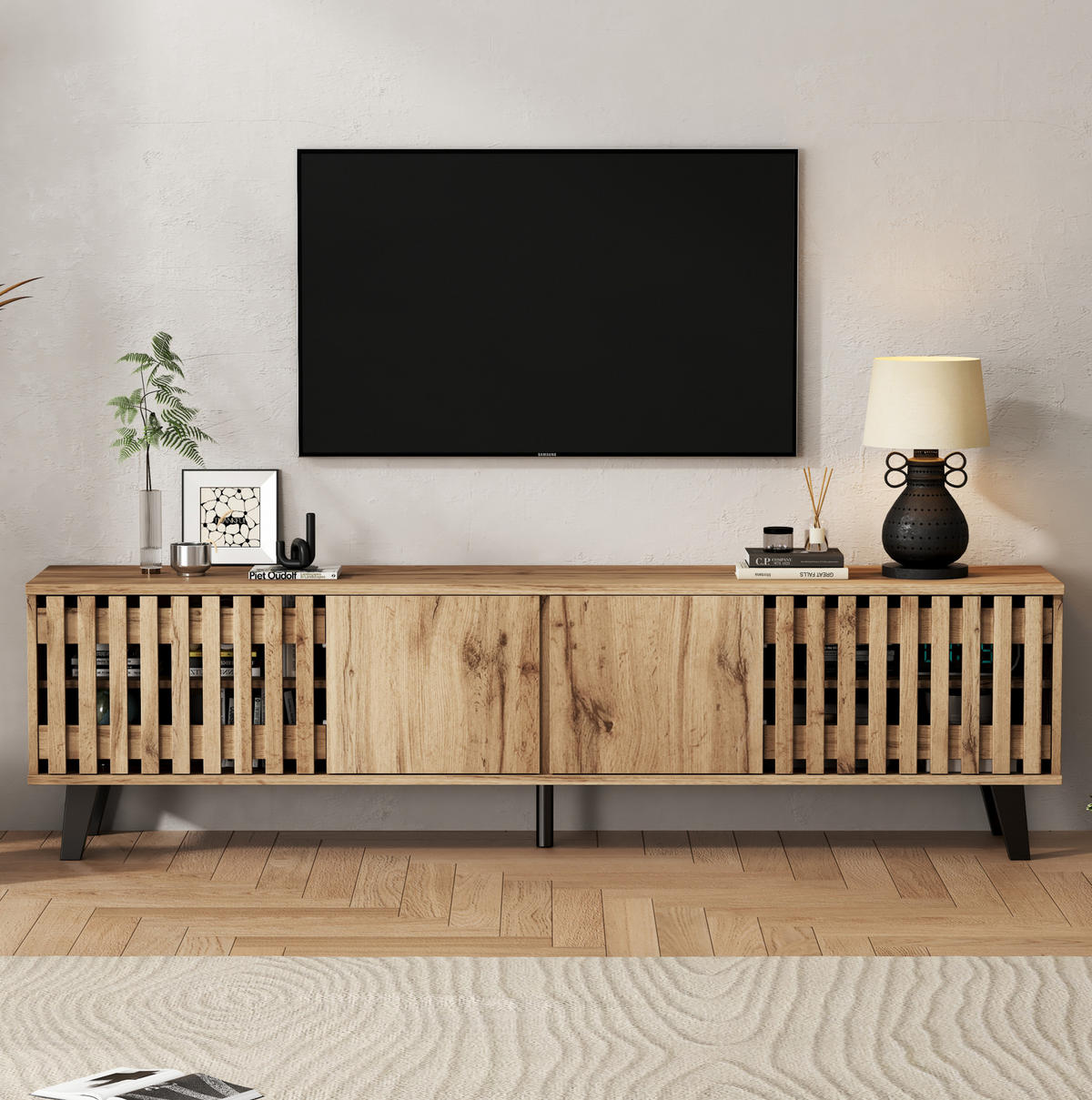 LOWBOARD TV-Schrank- und Sideboard-Set 180/40/55 und 150/40/95 cm aus Holzwerkstoff mit 14 Fächern Naturfarben - Hellbraun, Holzwerkstoff (180/55/40cm) - Modenvie