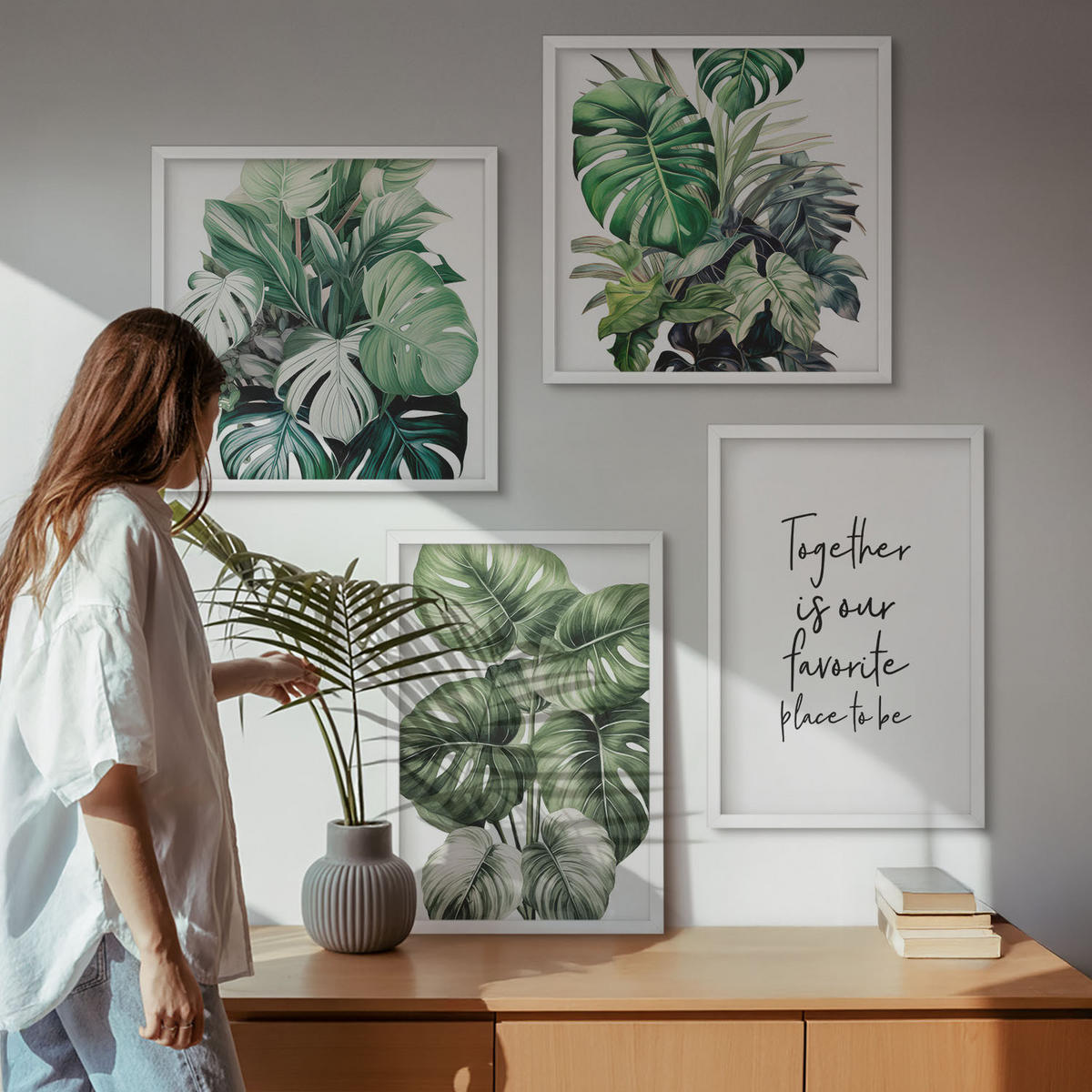 BILDER SET 4er Set - 50x50 cm & 40x60 cm Weißer Rahmen - Dekoration aus grünen tropischen Blättern - Weiß, Kunststoff (50/50cm) - TULUP