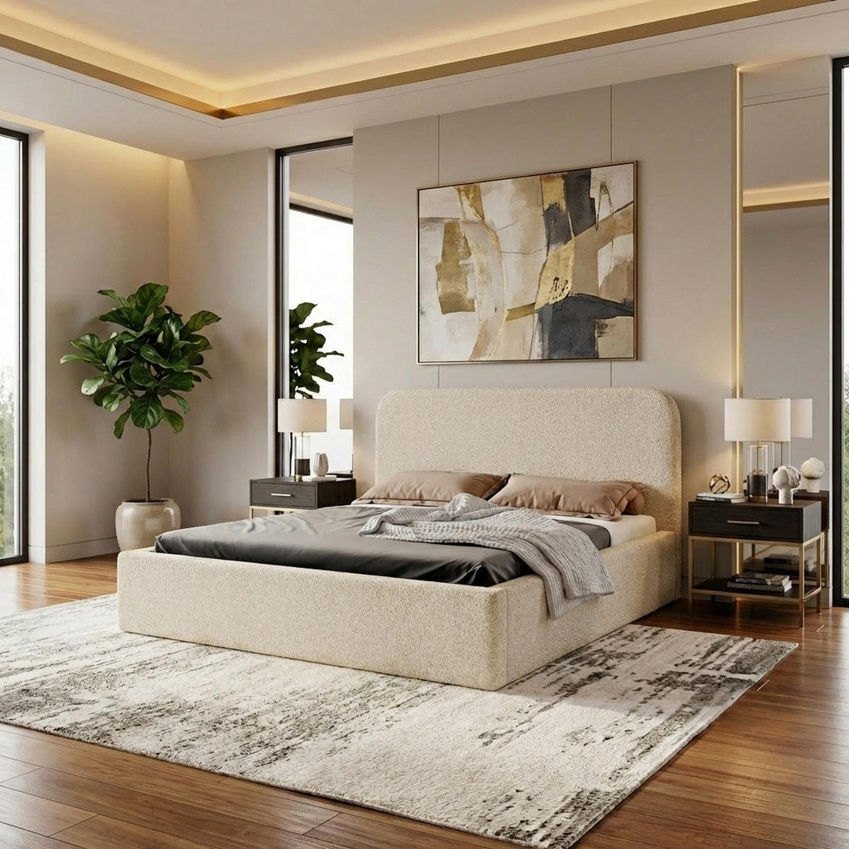 POLSTERBETT LAVINO 180x200 mit Bettkasten & Metallgestell – Bouclé Stoff MONTE Creme - Creme, Textil (180/200cm) - Luxkor24