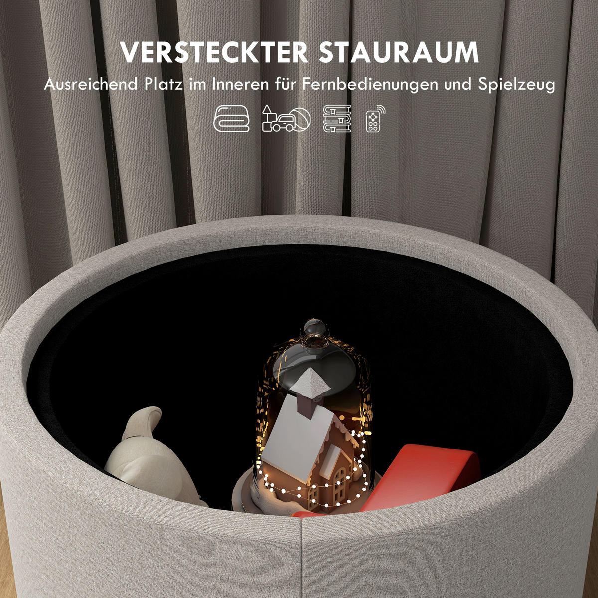 SITZHOCKER mit Stauraum, Runder Hocker mit Klappdeckel Polsterhocker Hellgrau - Hellgrau, Textil (56/42/56cm) - HOMCOM