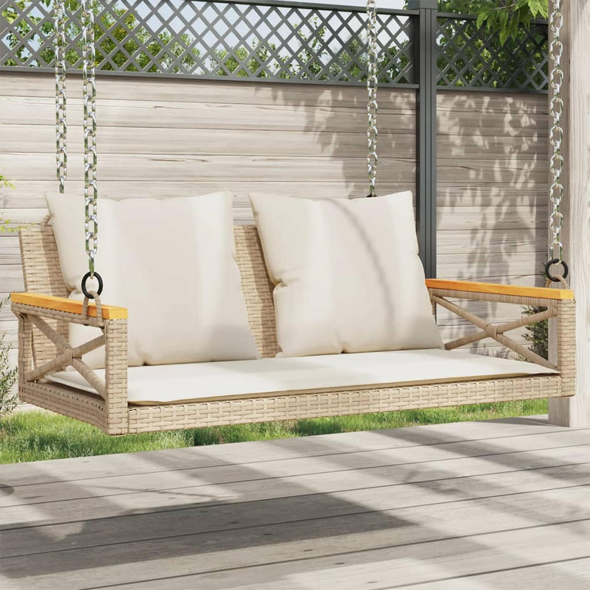 HÄNGEBANK mit Kissen Beige 109x62x40 cm Poly Rattan - Beige, Kunststoff (109/40/62cm) - furnicato